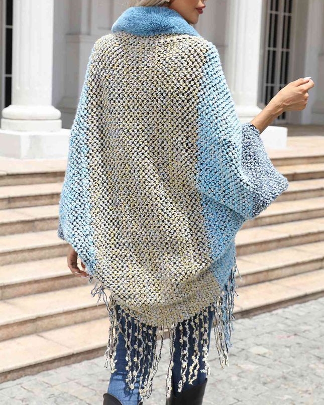Color Block Open Front Fringe Hem Poncho