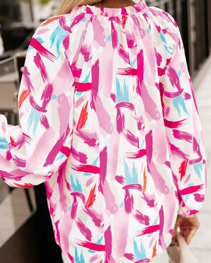 Printed V-Neck Balloon Sleeve Blouse