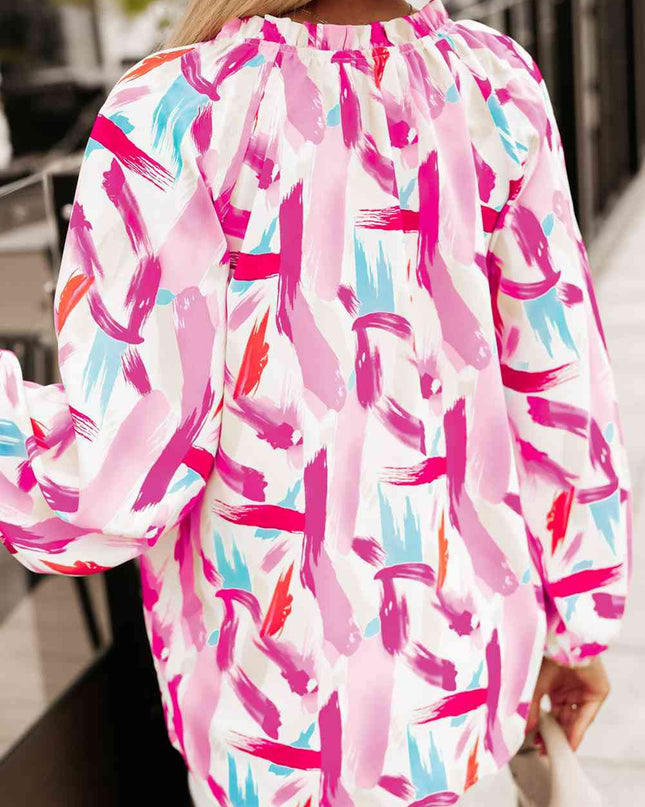 Printed V-Neck Balloon Sleeve Blouse