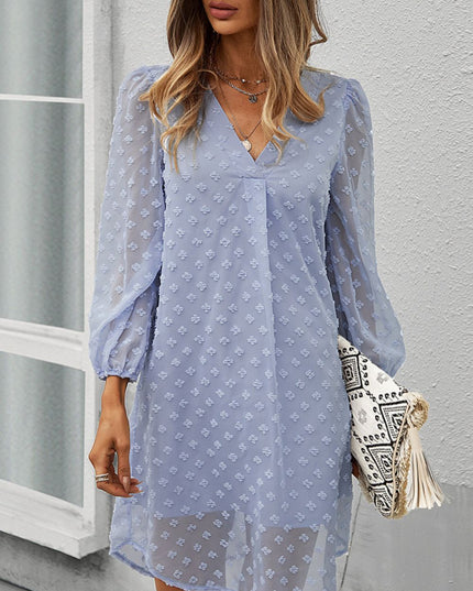 Swiss Dot V-Neck Long Sleeve Dress