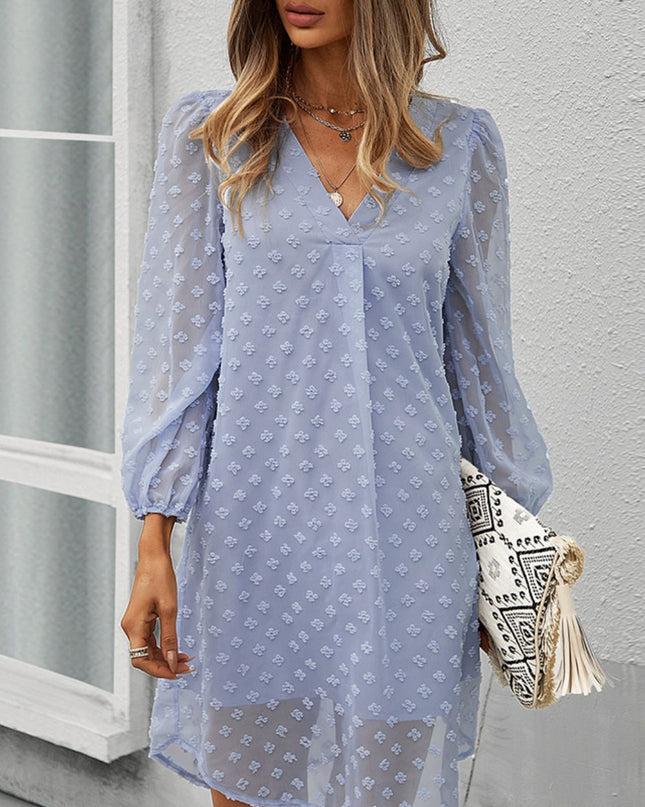 Swiss Dot V-Neck Long Sleeve Dress