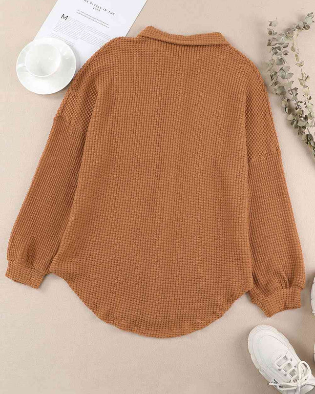 Waffle-Knit Button Up Long Sleeve Shirt with Pocket