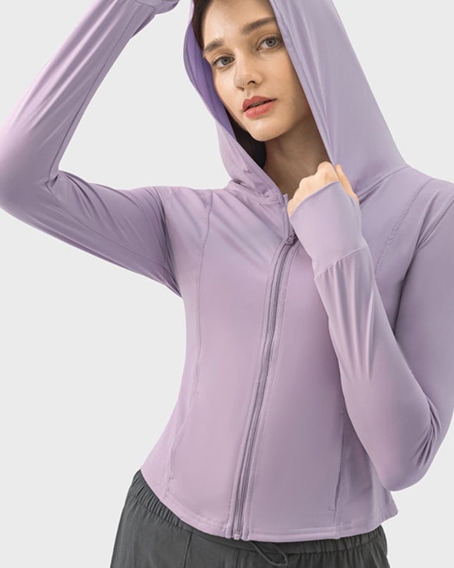 Pocketed Zip Up Hooded Long Sleeve Active Outerwear