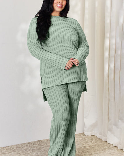 Basic Bae Full Size Ribbed High-Low Top and Wide Leg Pants Set
