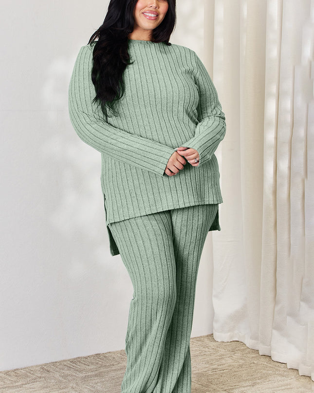 Basic Bae Full Size Ribbed High-Low Top and Wide Leg Pants Set
