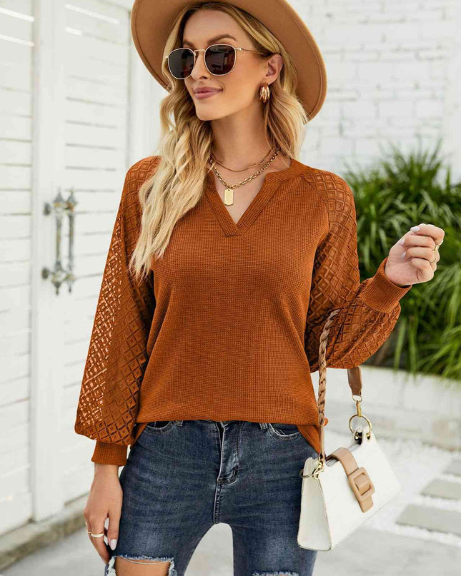 Waffle-Knit Spliced Lace Notched Top