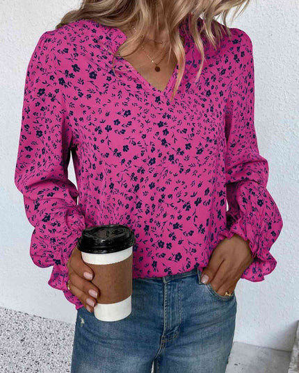 Notched Neck Flounce Sleeve Blouse