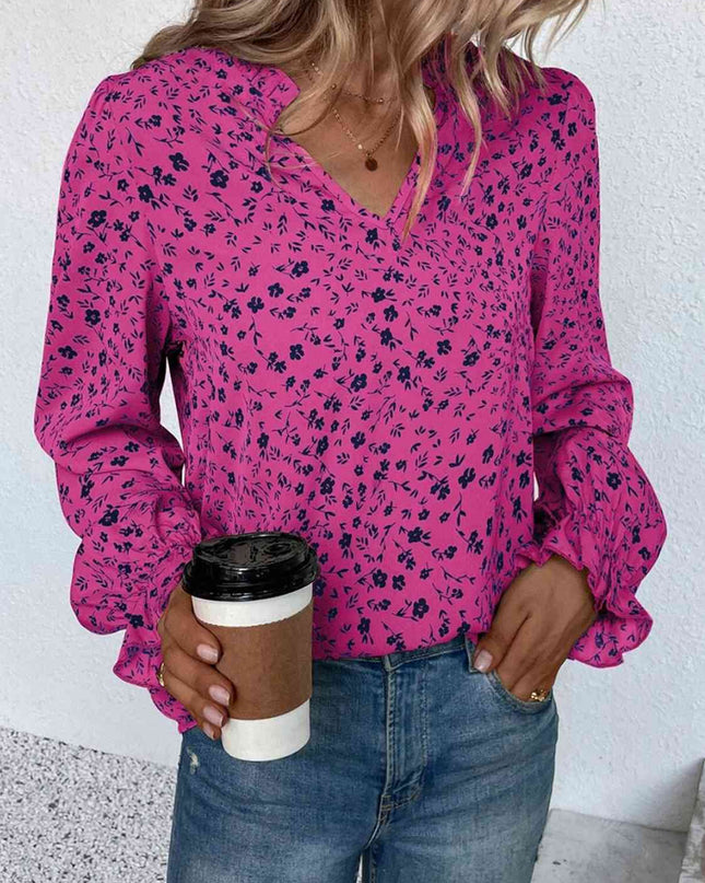 Notched Neck Flounce Sleeve Blouse
