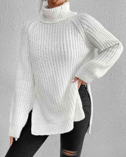 Full Size Turtleneck Rib-Knit Slit Sweater