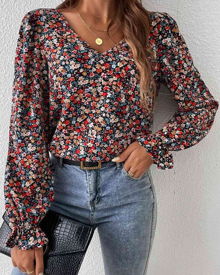 V-Neck Printed Long Sleeve Blouse