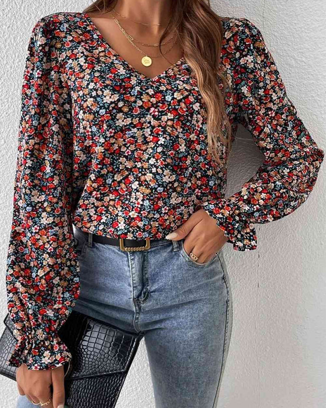 V-Neck Printed Long Sleeve Blouse