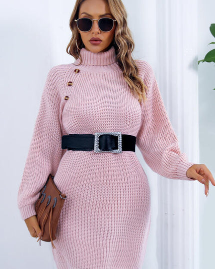Buttoned Turtleneck Long Sleeve Sweater Dress