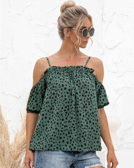 Printed Cold-Shoulder Frill Trim Blouse