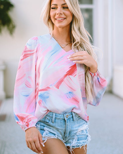 Printed V-Neck Puff Sleeve Blouse