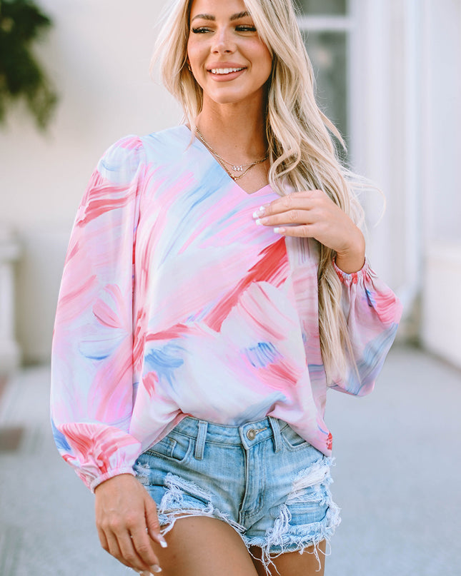 Printed V-Neck Puff Sleeve Blouse