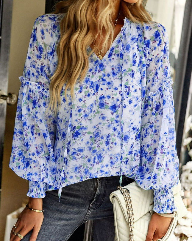 Floral Tie Neck Lantern Sleeve Blouse