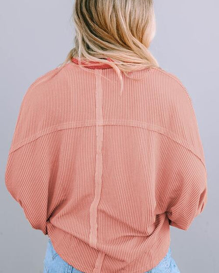 Ribbed Half Button Collared Neck Top