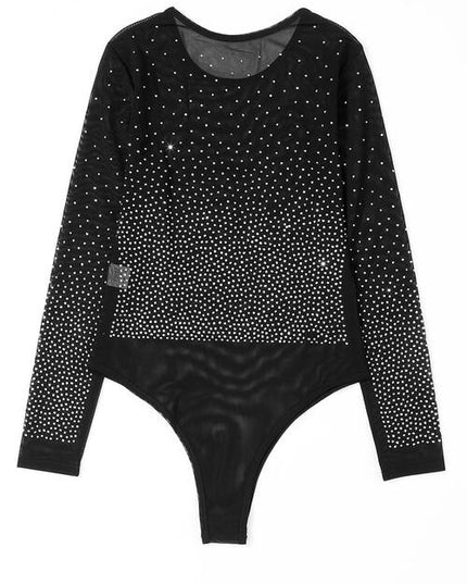Rhinestone Embellished Mesh Long Sleeve Bodysuit