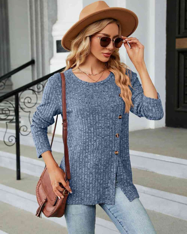Buttoned Long Sleeve Slit Top