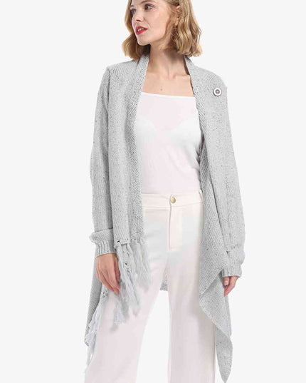 One-Button Tassel Tie Asymmetrical Hem Cardigan