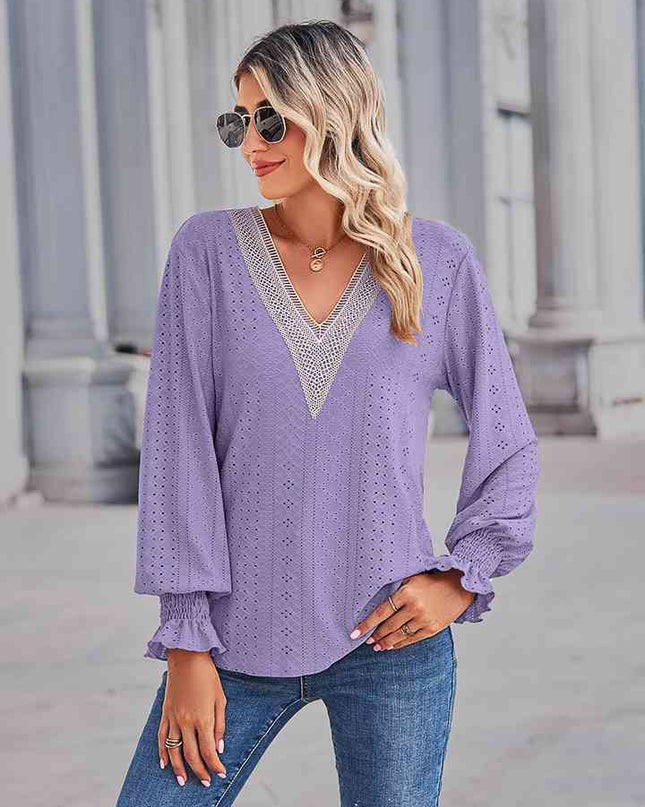 V-Neck Eyelet Flounce Sleeve Blouse
