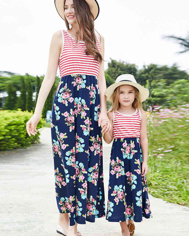 Women Striped Floral Sleeveless Dress