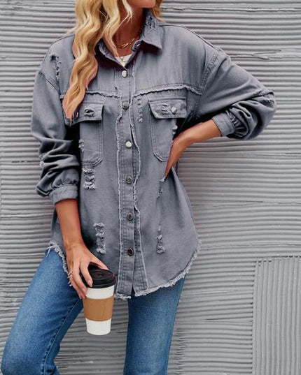 Distressed Raw Hem Denim Jacket
