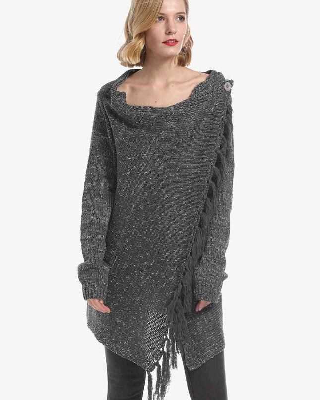 One-Button Tassel Tie Asymmetrical Hem Cardigan