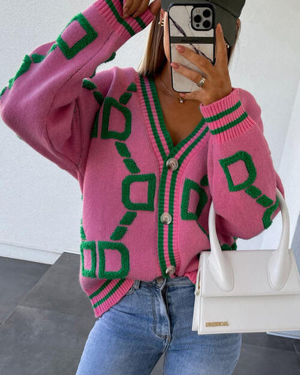 Geometric Dropped Shoulder Button Down Cardigan