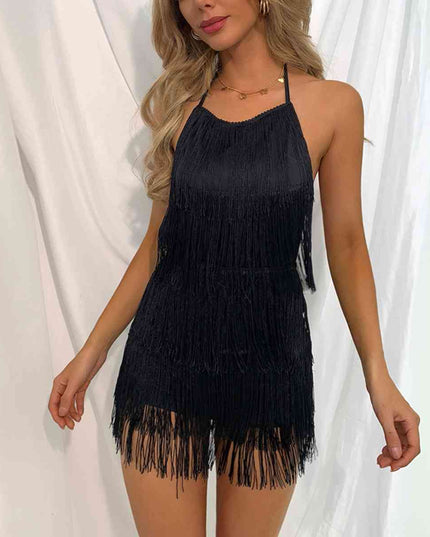 Fringed Halter Neck Tied Back Mini Dress
