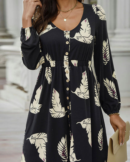 Printed Buttoned Long Sleeve Slit Dress