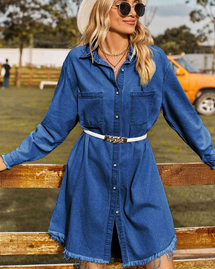 Button Up Collared Neck Raw Hem Denim Dress