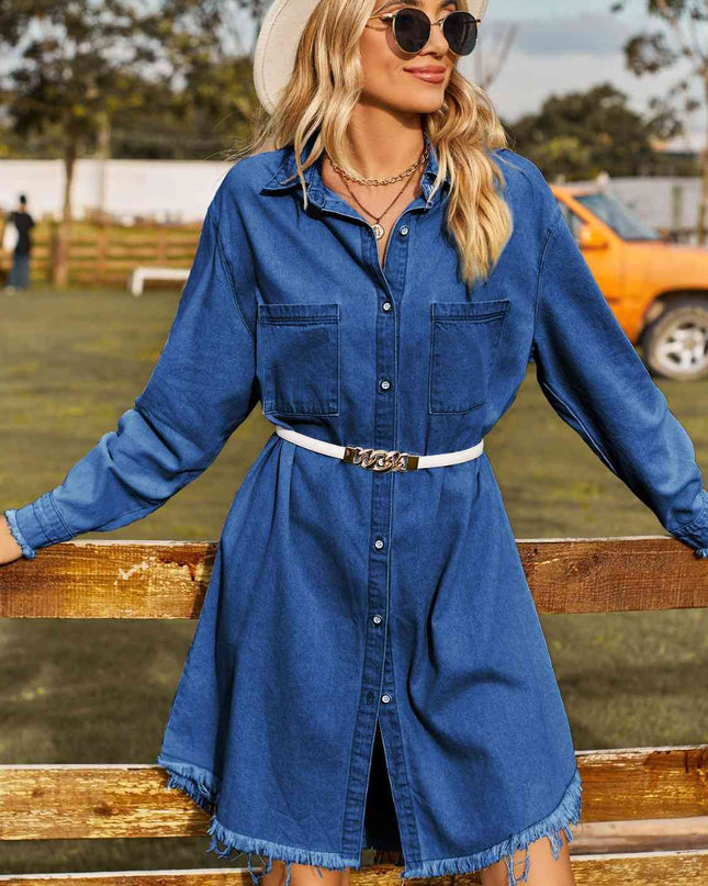 Button Up Collared Neck Raw Hem Denim Dress
