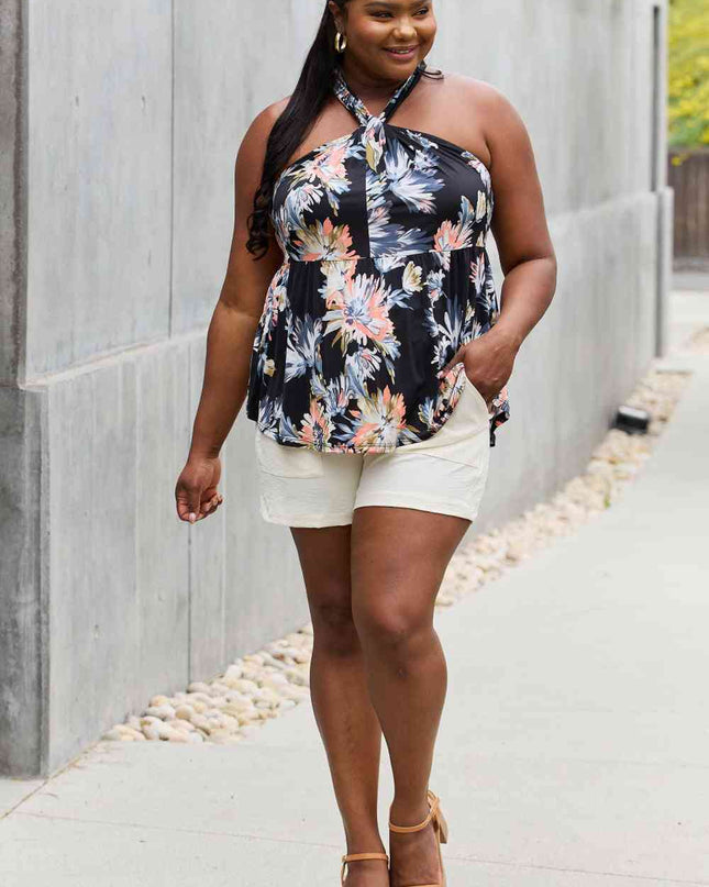 Be Stage Full Size Floral Halter Top in Black