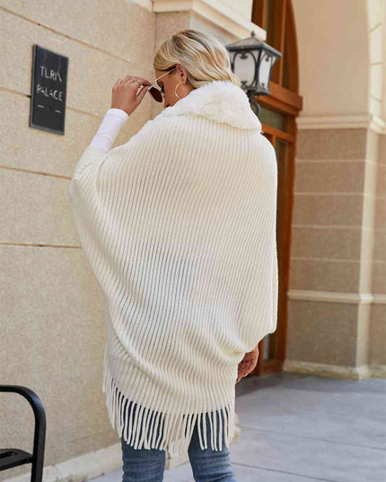Fringe Detail Long Sleeve Ribbed Poncho