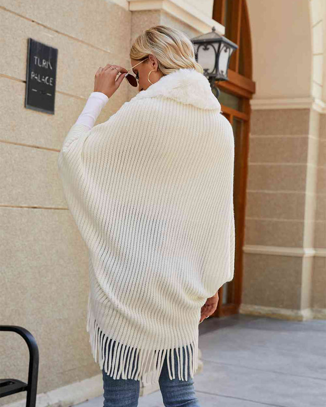 Fringe Detail Long Sleeve Ribbed Poncho