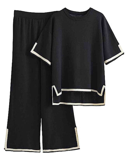 Contrast High-Low Sweater and Knit Pants Set