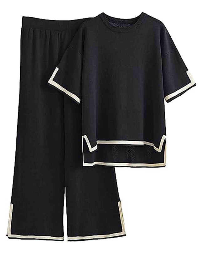 Contrast High-Low Sweater and Knit Pants Set