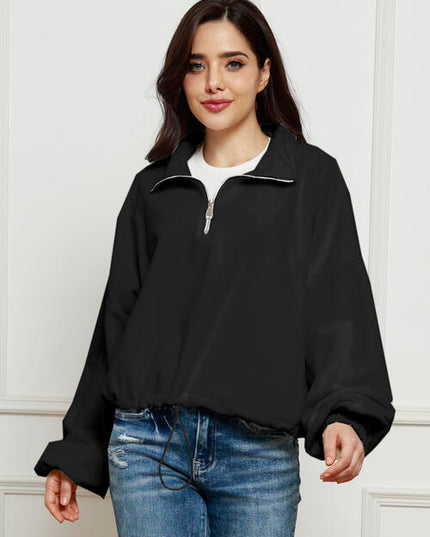 Half-Zip Collared Drop Shoulder Fleece Sweatshirt