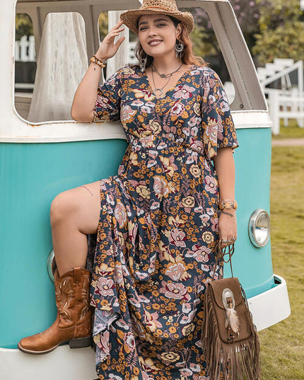 Floral V-Neck Short Sleeve Slit Dress
