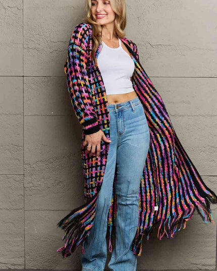 Multicolored Open Front Fringe Hem Cardigan