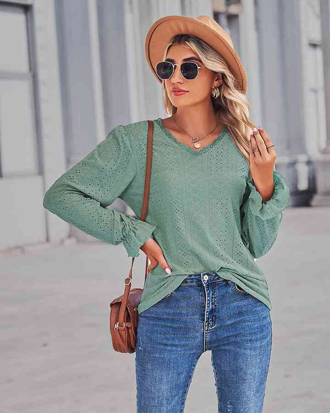 Eyelet V-Neck Flounce Sleeve Blouse