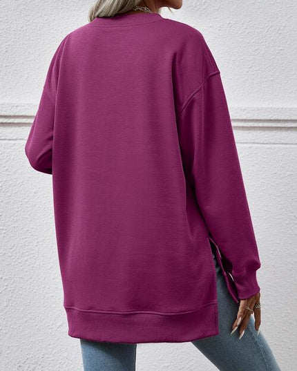 V-Neck Slit Long Sleeve Sweatshirt