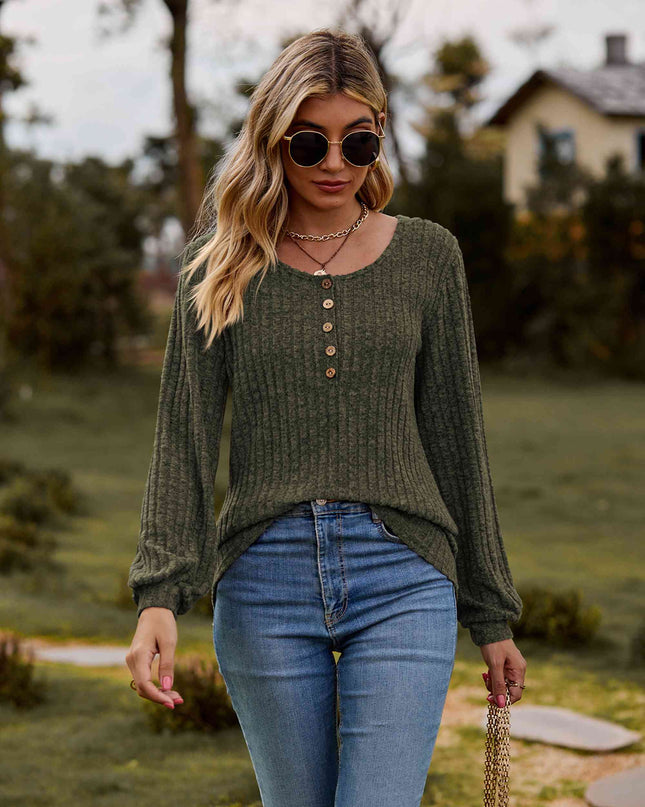 Round Neck Button-Down Long Sleeve Tee