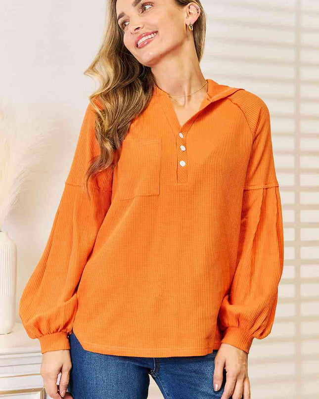 Basic Bae Side Slit Buttoned Waffle Knit Hoodie