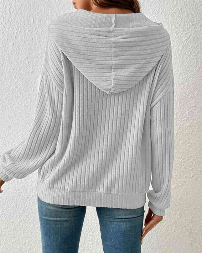 Ribbed Dropped Shoulder Drawstring Hoodie