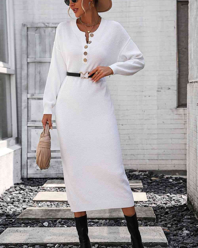Notched Neck Dropped Shoulder Button-Down Midi Dress