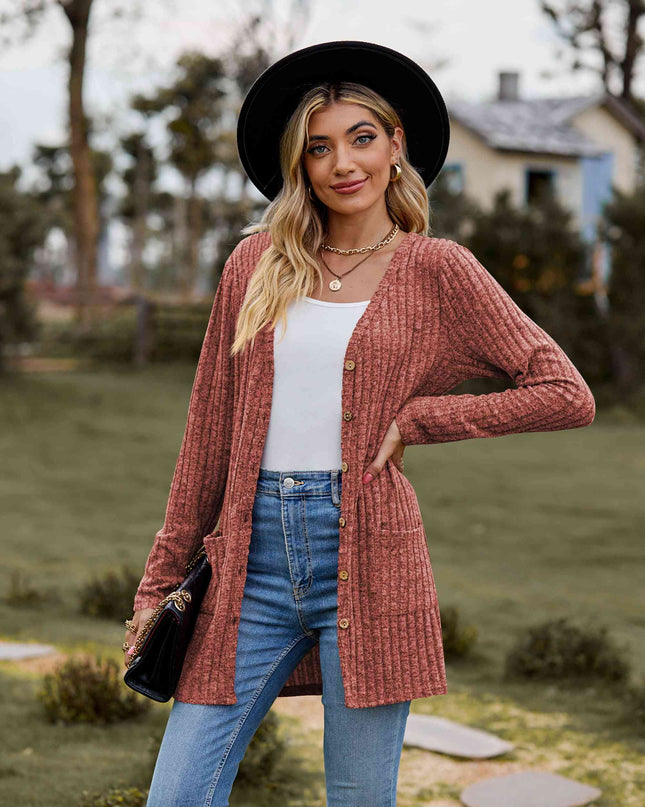 Ribbed Button-Up Cardigan with Pockets