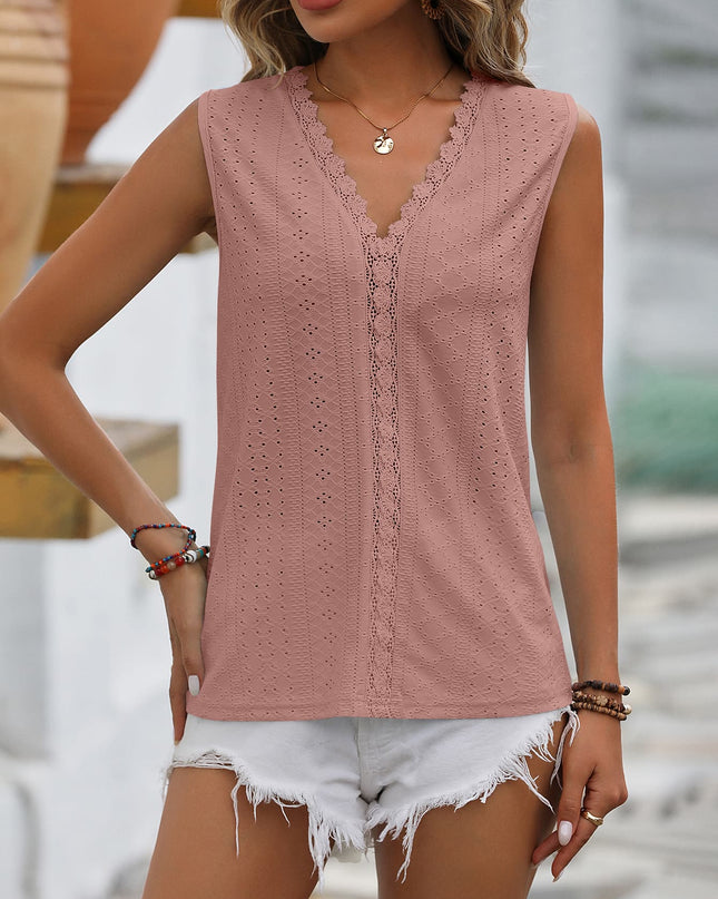 Spliced Lace V-Neck Sleeveless Tank