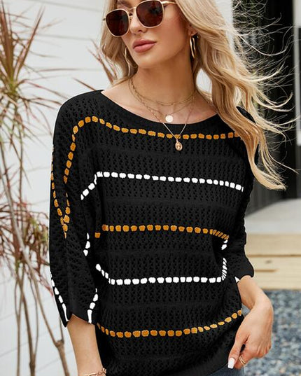 Eyelet Striped Round Neck Knit Top